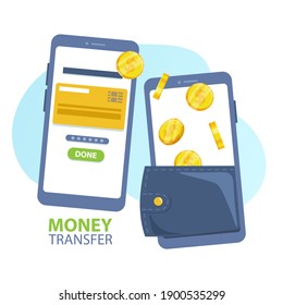 Money transfer, Payment Approved, Mobile Wallet. Online payment, business finance pay, money transaction online. Vector illustration.