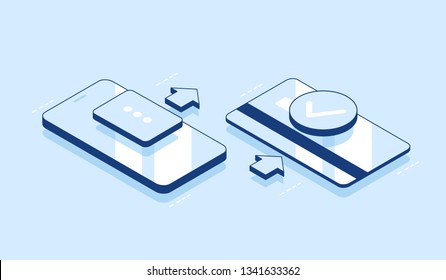 Money transfer, payment notification, mobile banking, incoming payment, credit card with mobile phone, smartphone, isometric icon, vector, outline