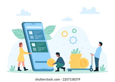 Money transfer, payment using mobile phone app vector illustration. Cartoon tiny people send cash money and pay online from screen of smartphone with credit cards, transaction with digital wallet