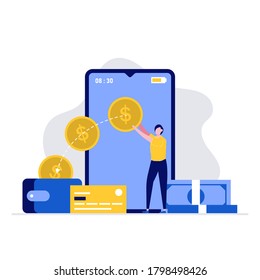 Money transfer and payment vector illustration concept with people character sending and receiving money by smartphone. Modern vector illustration in flat style for landing page, hero images.
