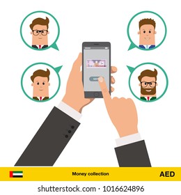 Money transfer with phone from one account to another. Text message. Internet banking concept. Dirham banknote vector illustration.