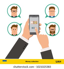 Money transfer with phone from one account to another. Text message. Internet banking concept.  hryvnia banknote vector illustration.
