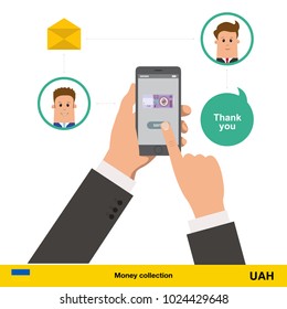 Money transfer with phone from one account to another. Text message. Internet banking concept.  hryvnia banknote vector illustration.