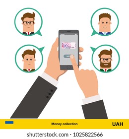 Money transfer with phone from one account to another. Text message. Internet banking concept.  hryvnia banknote vector illustration.