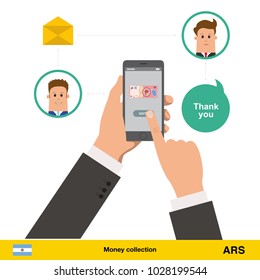 Money transfer with phone from one account to another. Text message. Internet banking concept.  peso banknote vector illustration.