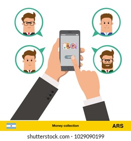 Money transfer with phone from one account to another. Text message. Internet banking concept. Peso banknote vector illustration.