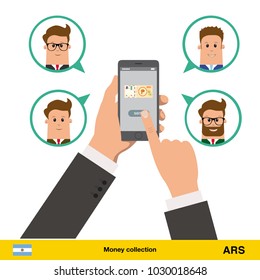 Money transfer with phone from one account to another. Text message. Internet banking concept. Peso banknote vector illustration.