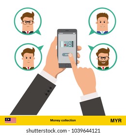 Money transfer with phone from one account to another. Text message. Internet banking concept. Ringgit banknote vector illustration.