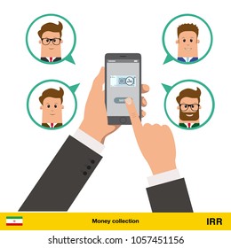 Money transfer with phone from one account to another. Text message. Internet banking concept. Iranian rial banknote vector illustration.