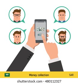 Money transfer with phone from one account to another. Text message. Internet banking concept. Saudi Arabian Riyal banknote vector illustration.
