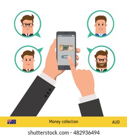 Money transfer with phone from one account to another. Text message. Internet banking concept. Australian Dollar banknote vector illustration.