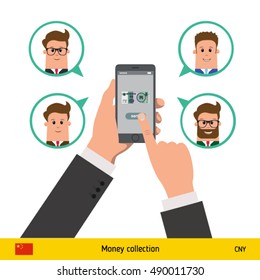 Money transfer with phone from one account to another. Text message. Internet banking concept. Chinese Yuan banknote vector illustration.