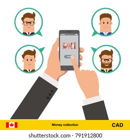 Money transfer with phone from one account to another. Text message. Internet banking concept. Canadian dollar banknote vector illustration.