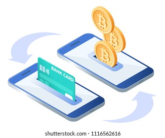 The money transfer process. Flat isometric isolated illustration. The sending, receiving bitcoins with mobile phones and credit card. The banking, transaction, payment, online business vector concept.