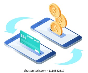 The money transfer process. Flat isometric isolated illustration. The sending and receiving coins with mobile phones and credit card. The banking, transaction, payment, online business vector concept
