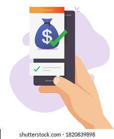 Money Transfer Received Online, Cash Transaction Sent With Check Mark Notification On Mobile Phone Digital Wallet Person Hand Vector Flat Cartoon, Electronic Finances Banking, Payment Notice App