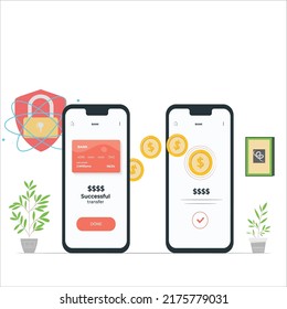 Transferencia de dinero. Recibiendo pago con smartphone. Aplicación digital bancaria o de telefonía móvil, concepto vectorial de transacciones de dinero móvil. Flujo de capitales, ganancia o ganancia de dinero, dispositivos inalámbricos