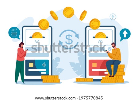 Money transfer. Receiving payment with smartphone. Digital bank or electronic wallet phone app, mobile money transactions vector concept. Capital flow, earning or making money, wireless devices