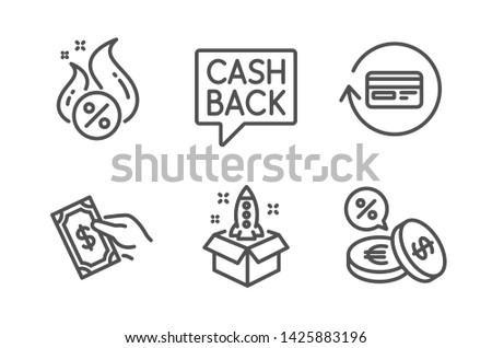 Money transfer, Refund commission and Hot loan icons simple set. Pay money, Startup and Currency exchange signs. Cashback message, Cashback card. Finance set. Line money transfer icon. Editable stroke