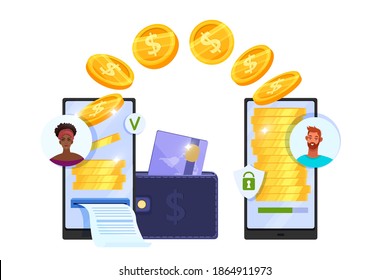 Money transfer or secure mobile payment online finance concept with smartphones, flying coins,wallet, credit card. Digital internet transaction illustration with people avatars.Money transfer clipart 