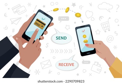 Money transfer. Send and receive money through the online transaction app. Phone with banking payment app. Financial savings. Earning, capital flow, online payment, cash back, passive income