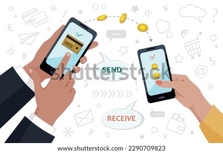 Money transfer. Send and receive money through the online transaction app. Phone with banking payment app. Financial savings. Earning, capital flow, online payment, cash back, passive income