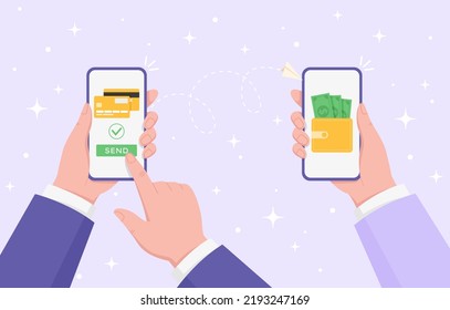 Money transfer. Send and receive money wireless via the phone. Hands holding smartphones with online banking payment apps. Vector flat cartoon illustration for web banners, sites, infographics design.