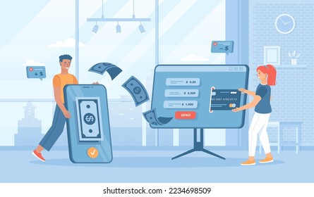 Money transfer. Sending money from a bank credit card through a computer to a mobile phone. Flat cartoon vector illustration with people characters for banner, website design or landing web page