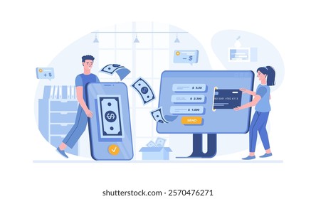 Money transfer. Sending money from a bank credit card through a computer to a mobile phone. Vector illustration with characters in flat design for web banner.	
