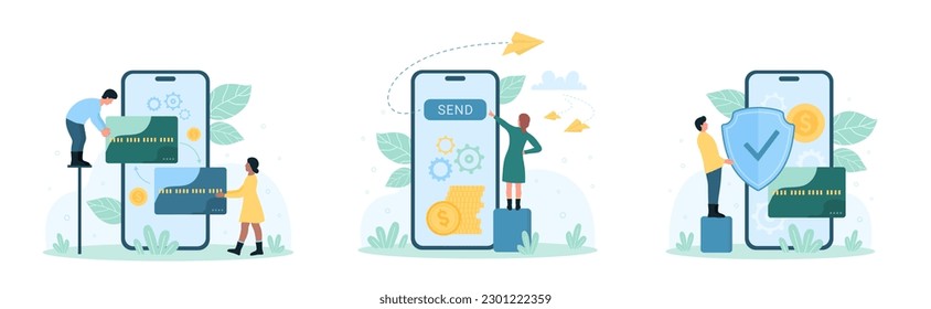 Money transfer set vector illustration. Cartoon tiny people holding credit cards and safe shield for secure currency transaction, customers click on send button in bank mobile app on phone screen