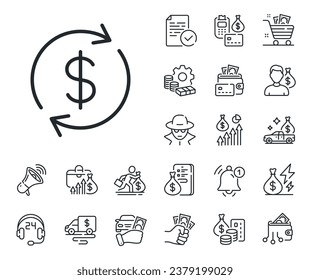 Money Transfer sign. Cash money, loan and mortgage outline icons. Currency exchange line icon. Dollar in rotation arrow symbol. Usd exchange line sign. Credit card, crypto wallet icon. Vector