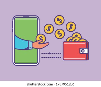 Money transfer from smartphone into wallet in vector illustration. Digital payment or online cashback service. Mobile banking transaction concept. Withdraw money with smartphone.