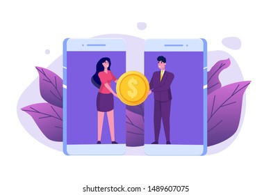 Money transfer from smartphone to smartphone.  Isometric vector illustration.