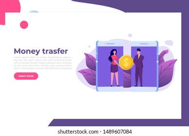 Money transfer from smartphone to smartphone.  Isometric vector illustration.