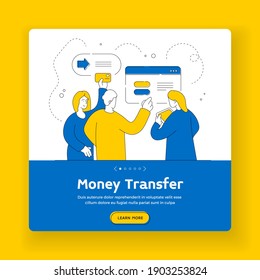 Money transfer square banner template. Contemporary friends browsing modern tablet and using credit card to transfer money online. Flat style illustration, thin line art design