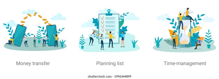 Money transfer, task planning,time management.A set of vector illustrations on the topic of business.Abstract illustration