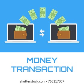 Money transfer transaction between device laptop. Online payment concept. Vector flat cartoon isolated icon illustration