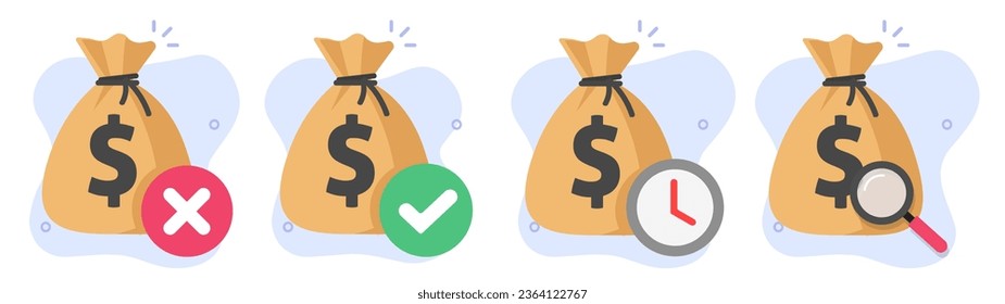 Money transfer transaction review status icon vector graphic, suspicious fraud cash bank payment check mark illustration set, suspended cancel decline security finance notice, confirm order pay image