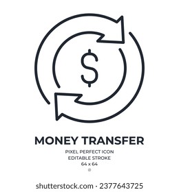 Money transfer, turnover, convert, exchange editable stroke outline icon isolated on white background flat vector illustration. Pixel perfect. 64 x 64.