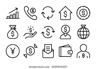 Money transfer, turnover, convert, exchange editable stroke outline icon set Vector illustration on white background.