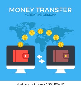 Money transfer. Two computers with wallets on screen and transferred gold coins. Send money online, remittance, online payment, digital wallet, payment app concepts. Flat design. Vector illustration