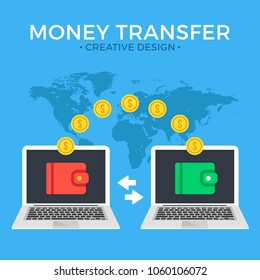 Money transfer. Two laptops with wallets on screen and transferred gold coins. Send money online, remittance, online payment, digital wallet, payment app concepts. Flat design. Vector illustration