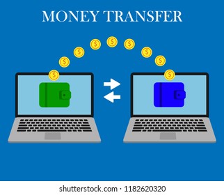 Money transfer. Two laptops with wallets on screen and transferred gold coins. Send money online, remittance, online payment, digital wallet, payment app concepts. Flat design. Vector illustration