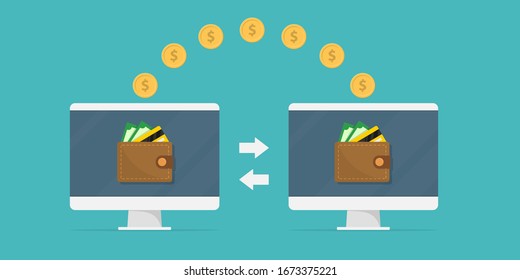 Money transfer. Two monitors with wallets on screen and transferred gold coins. Send money online, remittance, online payment, digital wallet, payment app concepts. Flat design.Vector illustration.