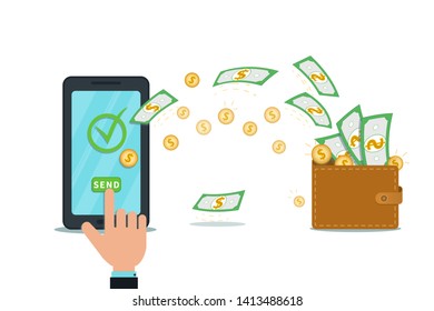 Transferencia de dinero usando el concepto de billetera digital. Aplicación de pago en línea. Teléfono inteligente plano con marca de verificación en pantalla aislado en fondo blanco. Botón de envío con pulsación del dedo de la mano. Recompensa en efectivo