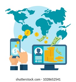 Money transfer using mobile device, computer and smart phone with banking payment app. Internet banking, contactless payment, financial transactions around the world. Flat vector concept.