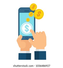 Money transfer using mobile device, computer and smart phone with banking payment app. Internet banking, contactless payment, financial transactions around the world. Flat vector concept.