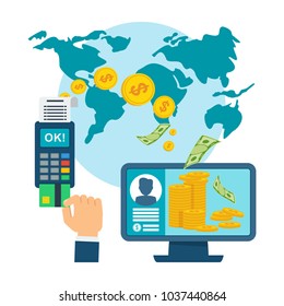 Money transfer using mobile device, computer and smart phone with banking payment app. Internet banking, contactless payment, financial transactions around the world. Flat vector concept.