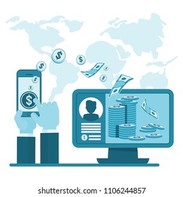 Money transfer using mobile device, computer and smart phone with banking payment app. Internet banking, contactless payment, financial transactions around the world. Flat vector concept.