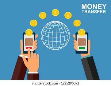 Money transfer using mobile device, smart phone with banking payment app. Internet banking, contactless payment, financial transactions around the world. Vector illustration.